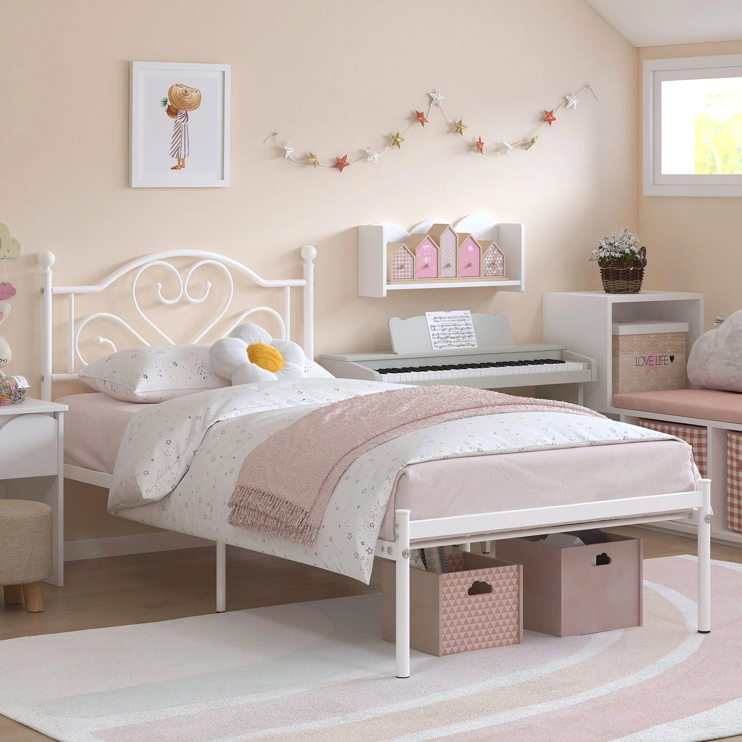 MERRONIX Heart Shaped Headboard Metal Platform Bed Frame
