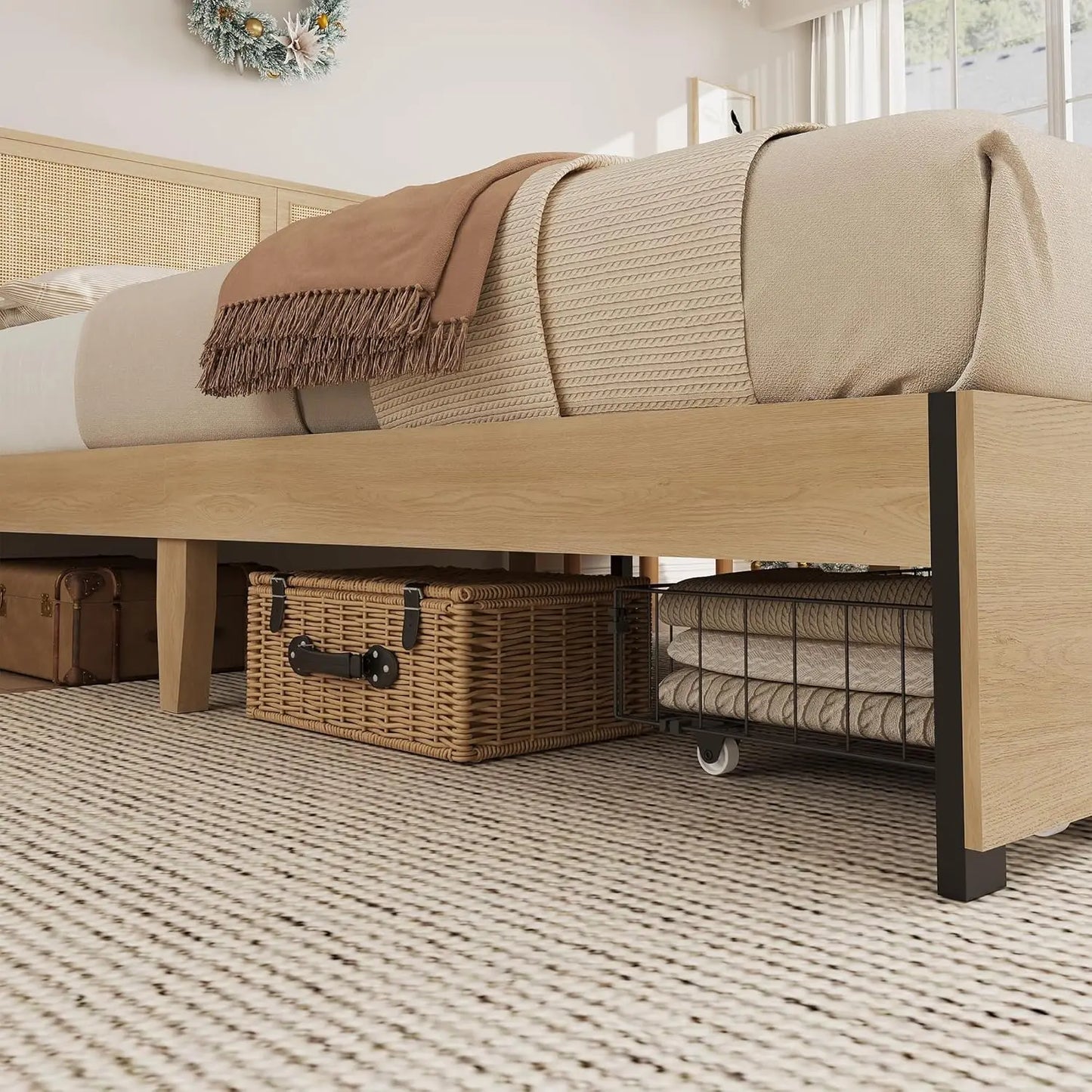 HobbyLane Rattan Bed Frame Boho Cane Headboard Drawer Storage