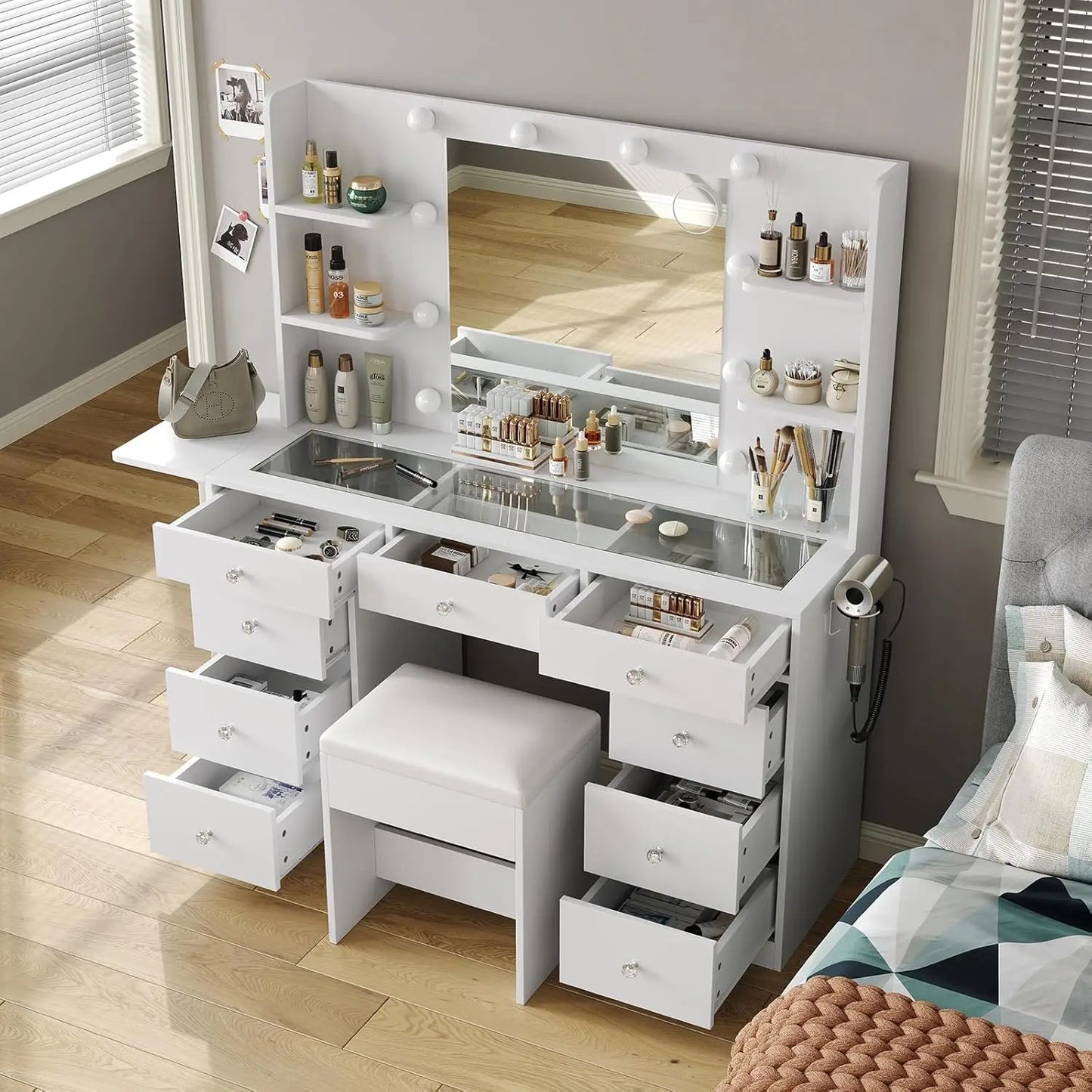 Vanity Desk With LED Mirror Shelves And 3 Lighting Modes