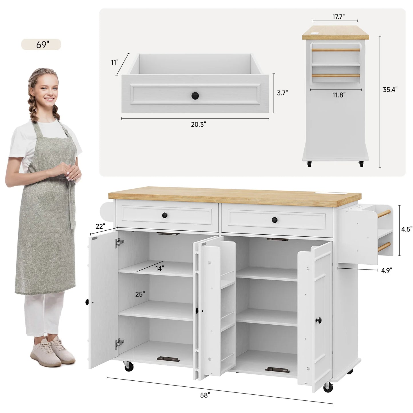 Mobile Kitchen Island Trolley With Drop Leaf And Spice Rack