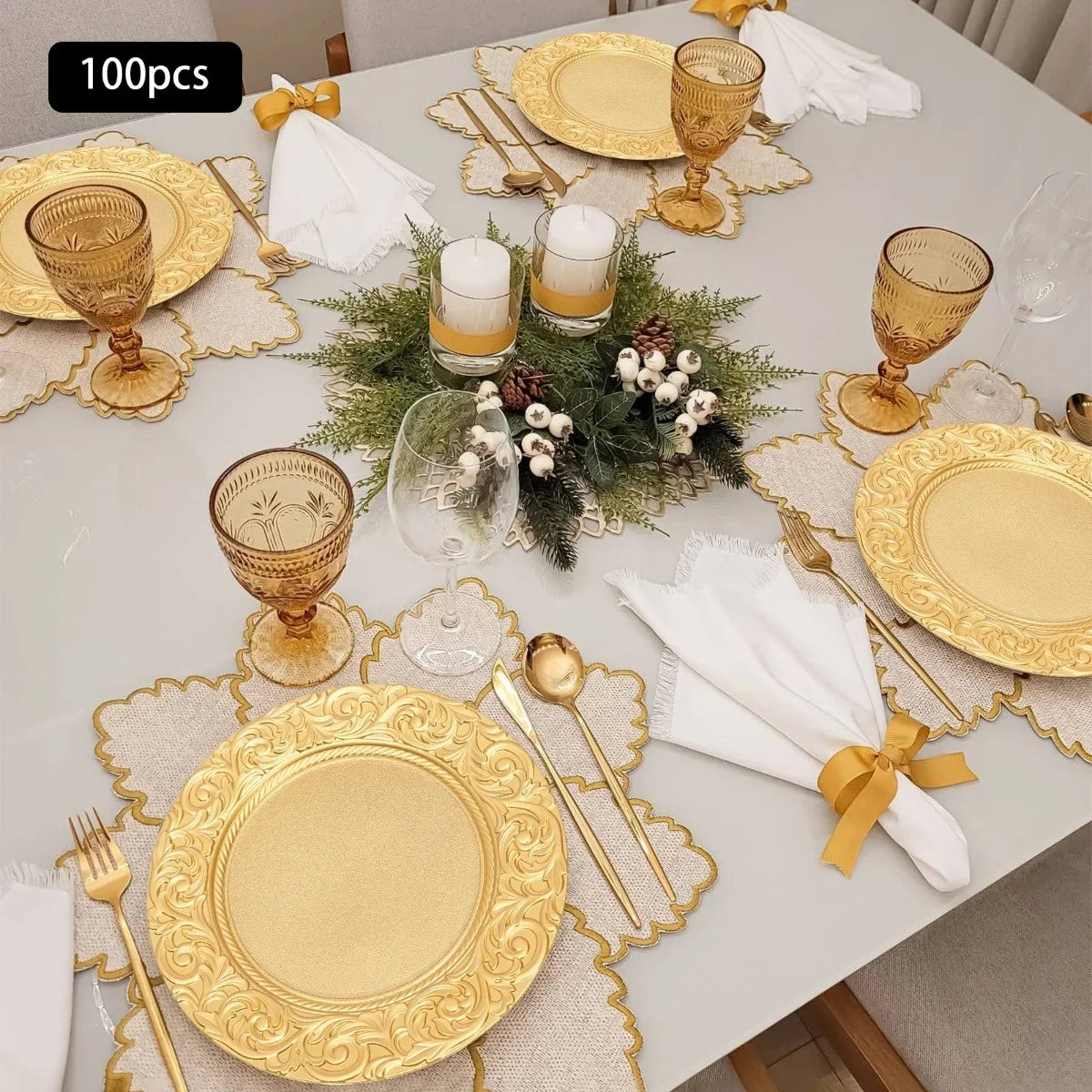 Bymaocar 100 Pcs PP Round Charger Plates Set Gold