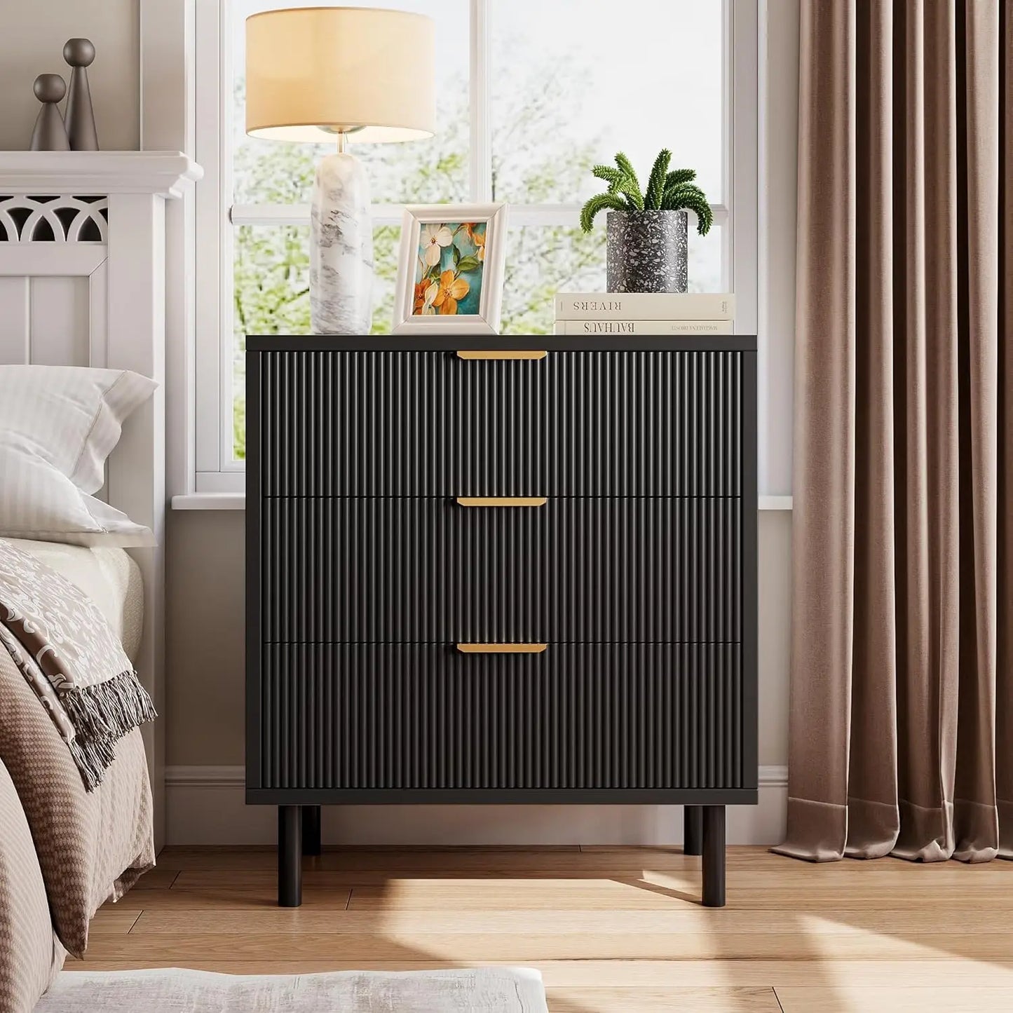 HobbyLane Fluted Three-Drawer Dresser With Metal Legs