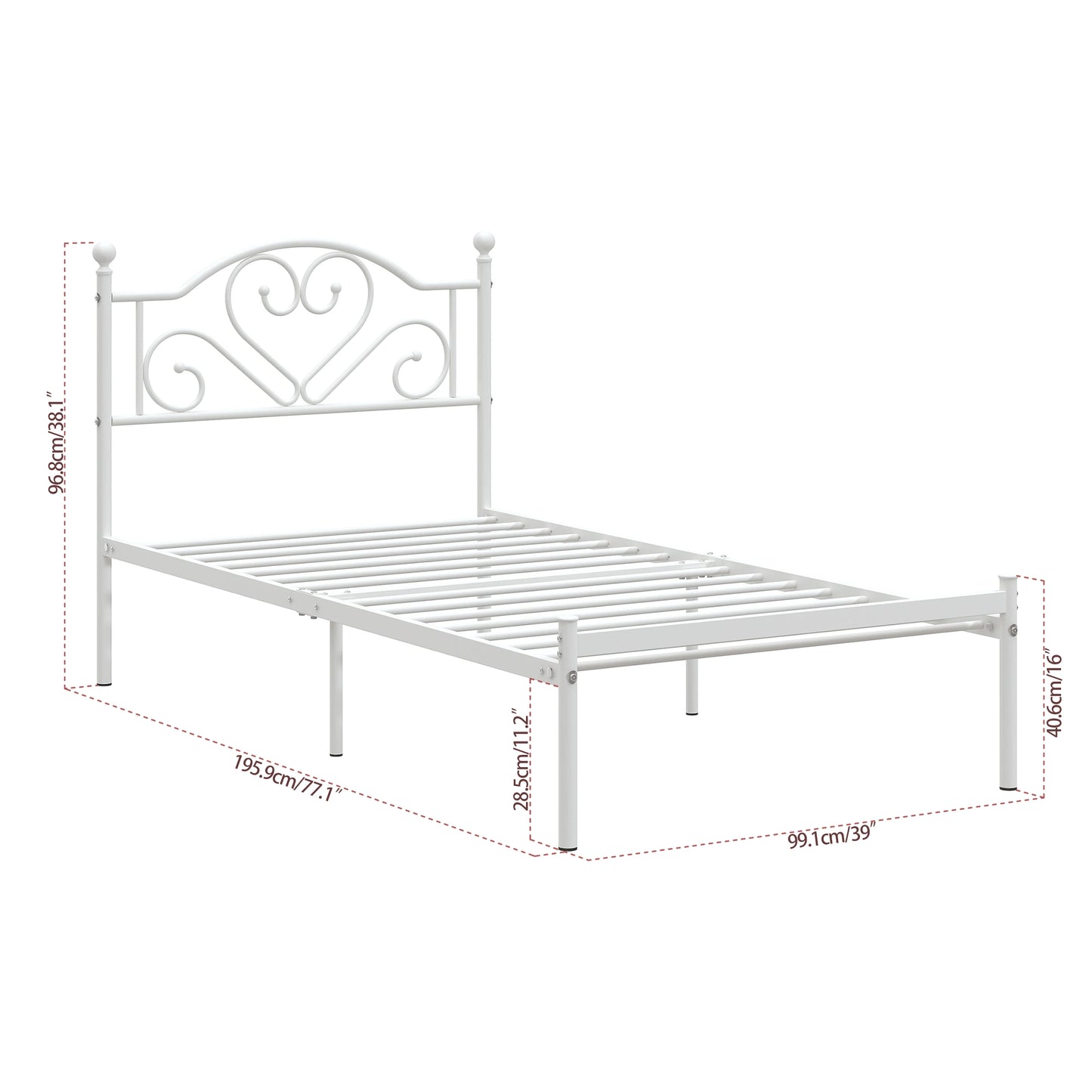 MERRONIX Heart Shaped Headboard Metal Platform Bed Frame