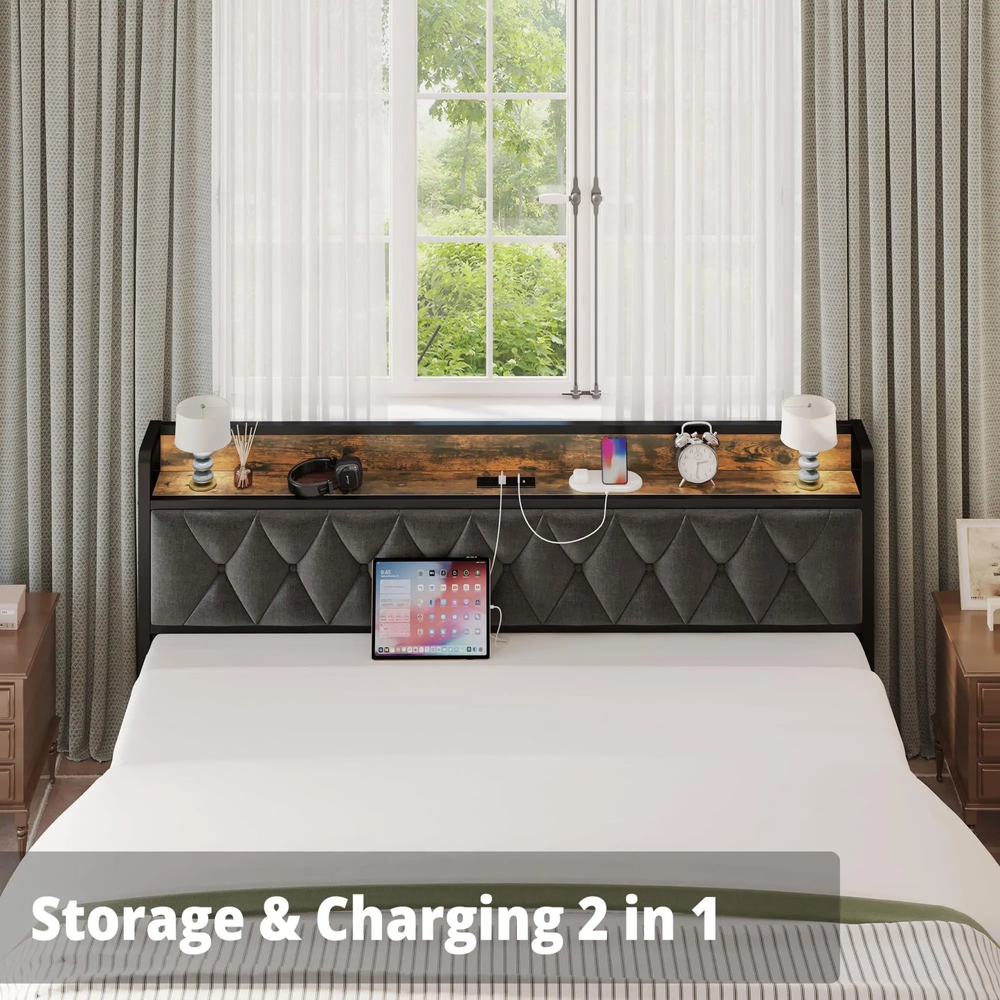 ANCTOR Storage Bed Frame With Outlets No Box Springs