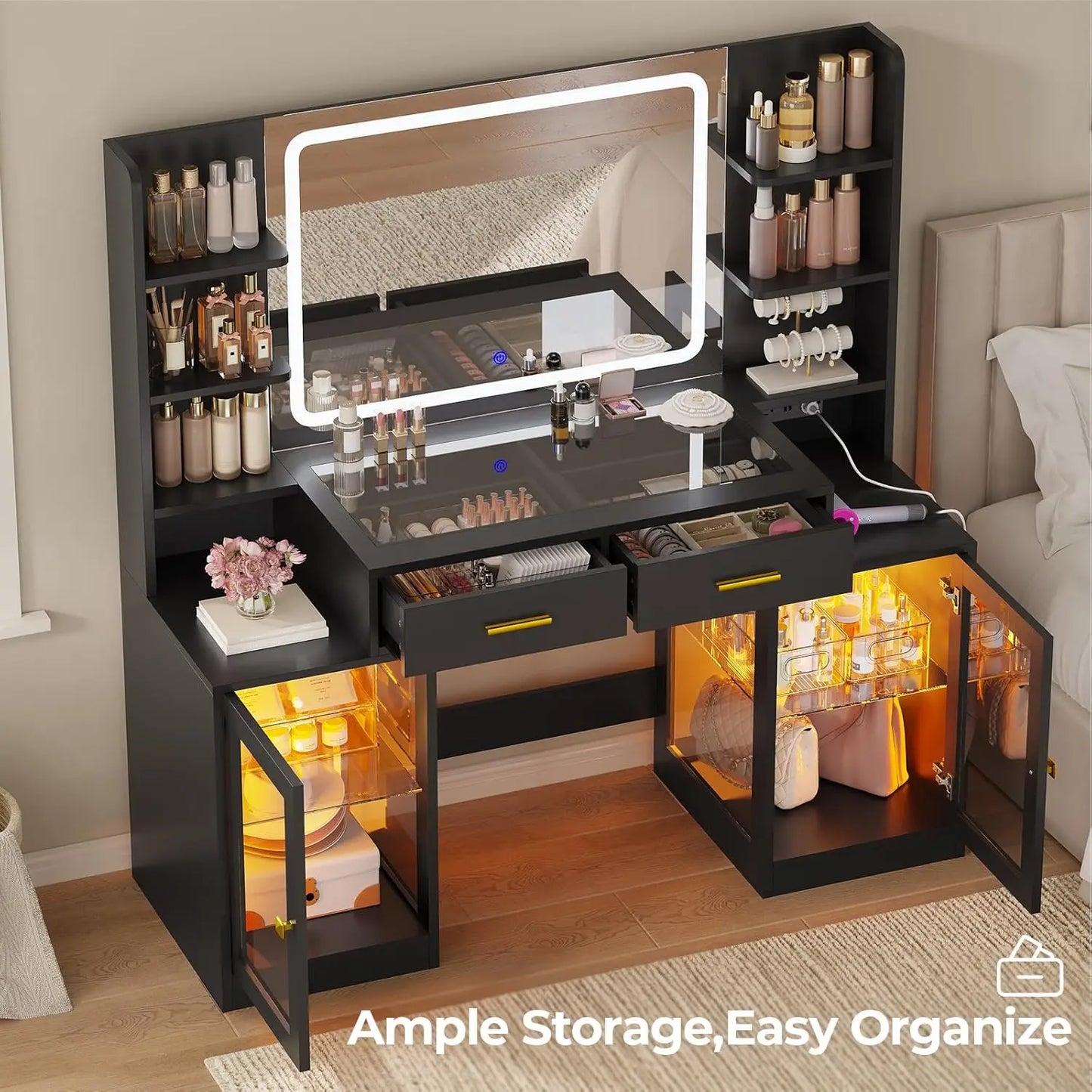 RGB Lighted Makeup Vanity Desk With Mirror And Power Outlet