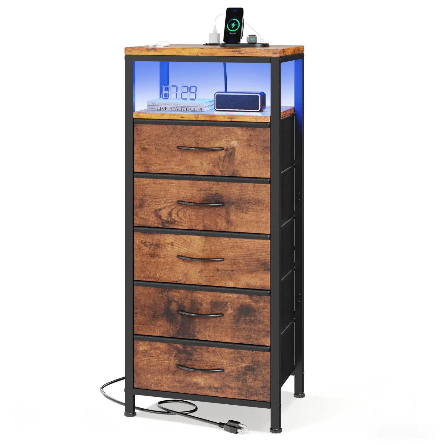 JHK 5 Drawer Dresser Nightstand With Charging Station And Outlets