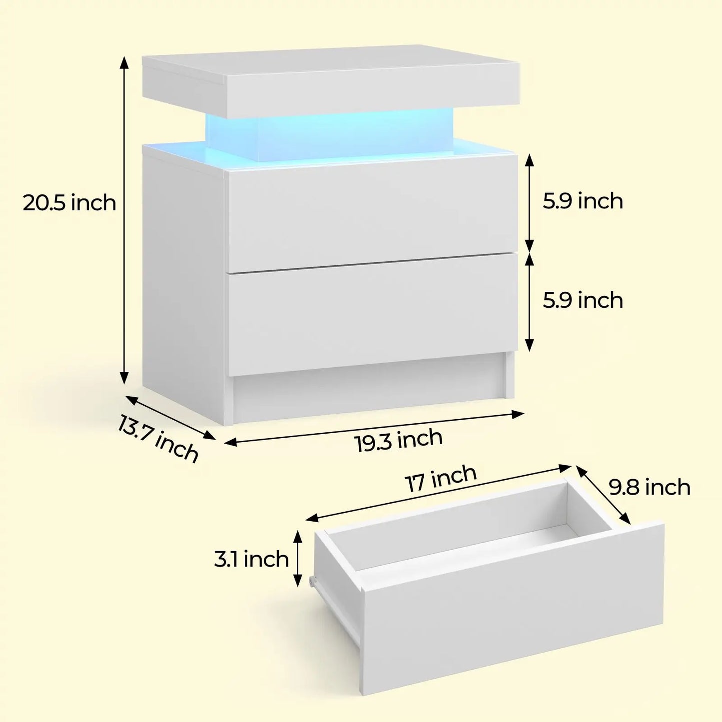Cubehom Modern LED Nightstand With 2 Drawers And RGB Lights
