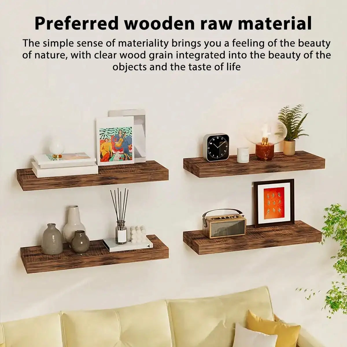 Four Tier Floating Shelves With Invisible Brackets In Rustic Finish