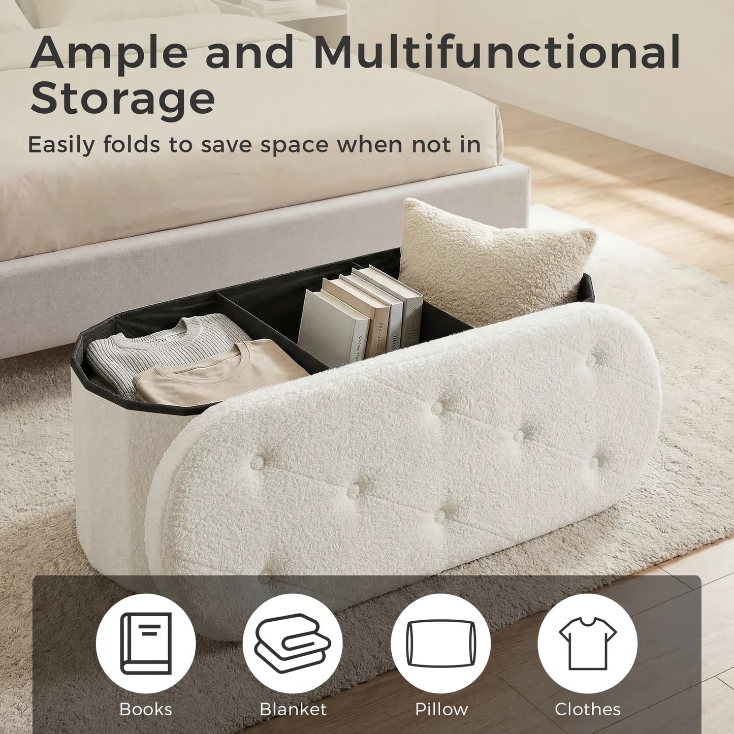 JHK Folding Storage Ottoman Bench With Teddy Fabric Cushion Entryway