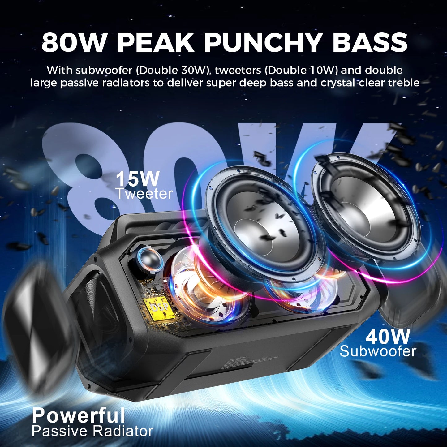 W-KING BT261-2 80W Bluetooth Speaker Portable Outdoor IPX6 Waterproof BassBoost