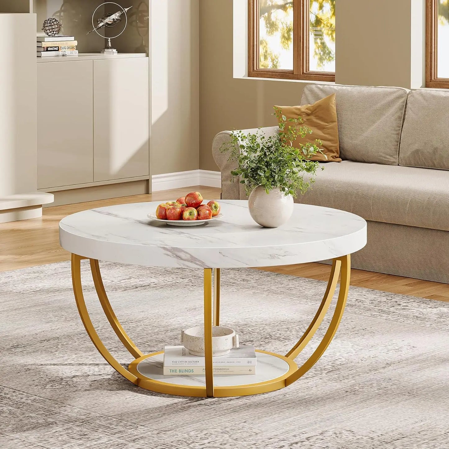 Little Tree Marble Coffee Table Open Storage And Metal Legs