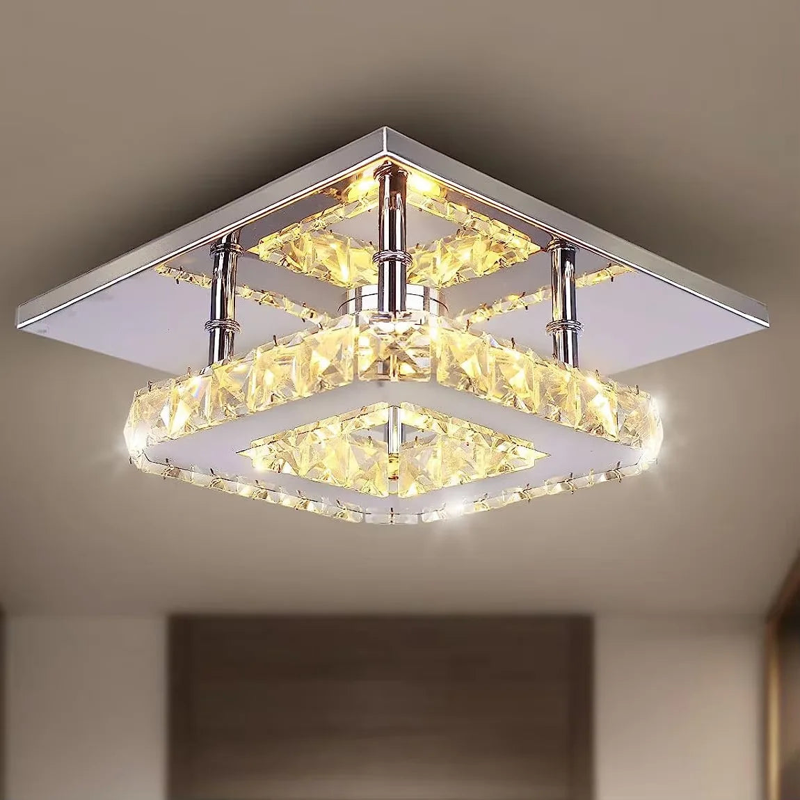 FRIXCHUR LED Crystal Chandelier Semi Flush Mount For Bedroom Hallway