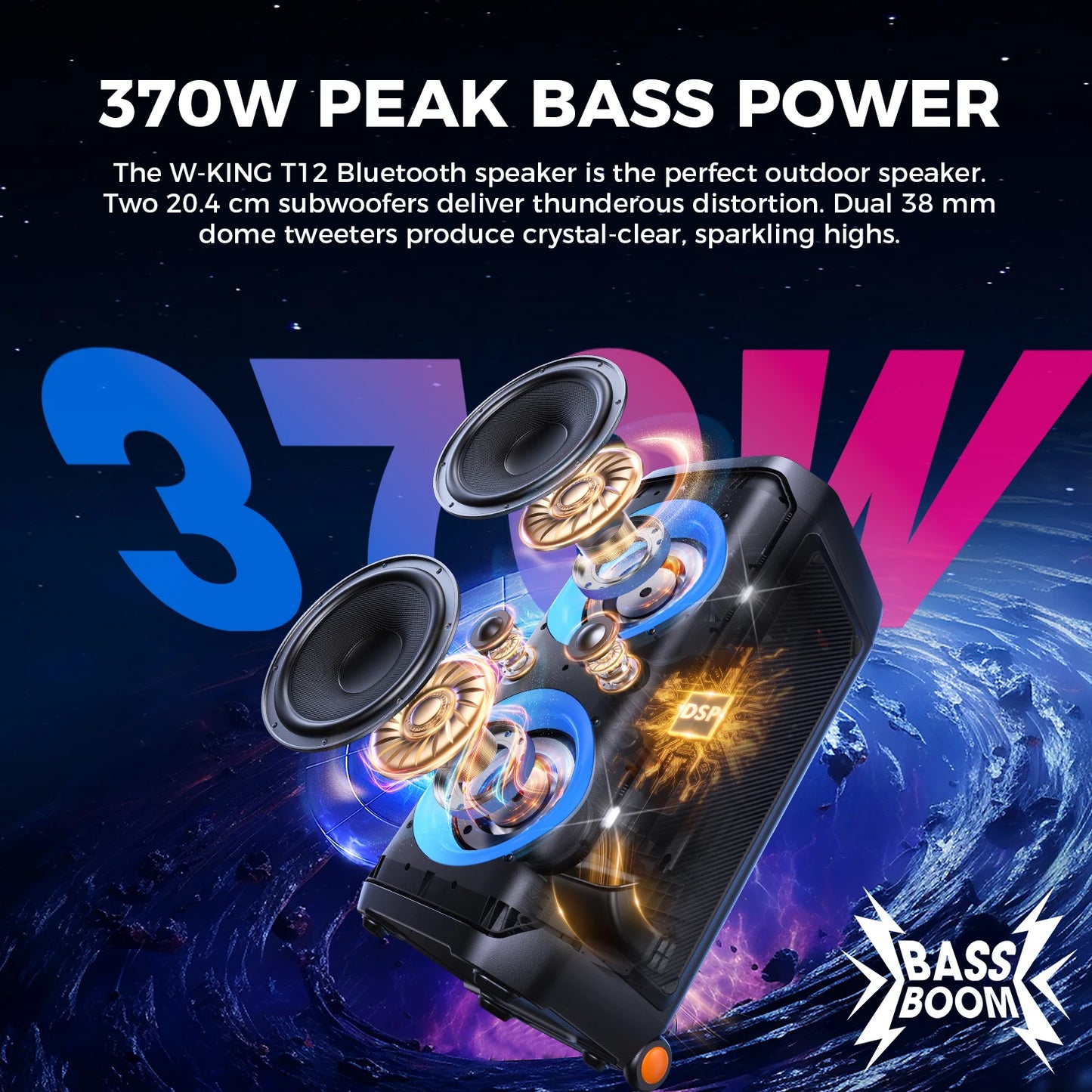 W-King T12 Portable Bluetooth Speaker With 370W Pro Sound Light Show