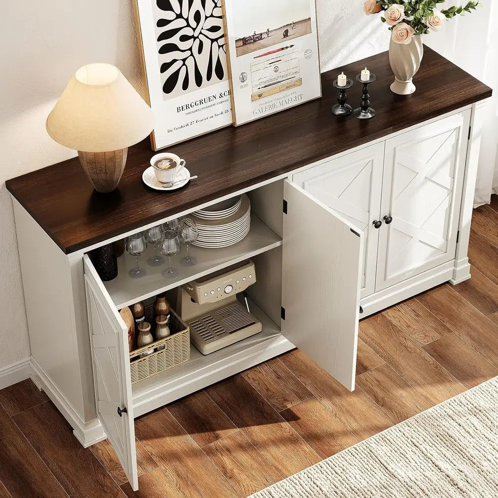 Wood Sideboard Cabinet With 4 Doors And Adjustable Shelves For Home Bar