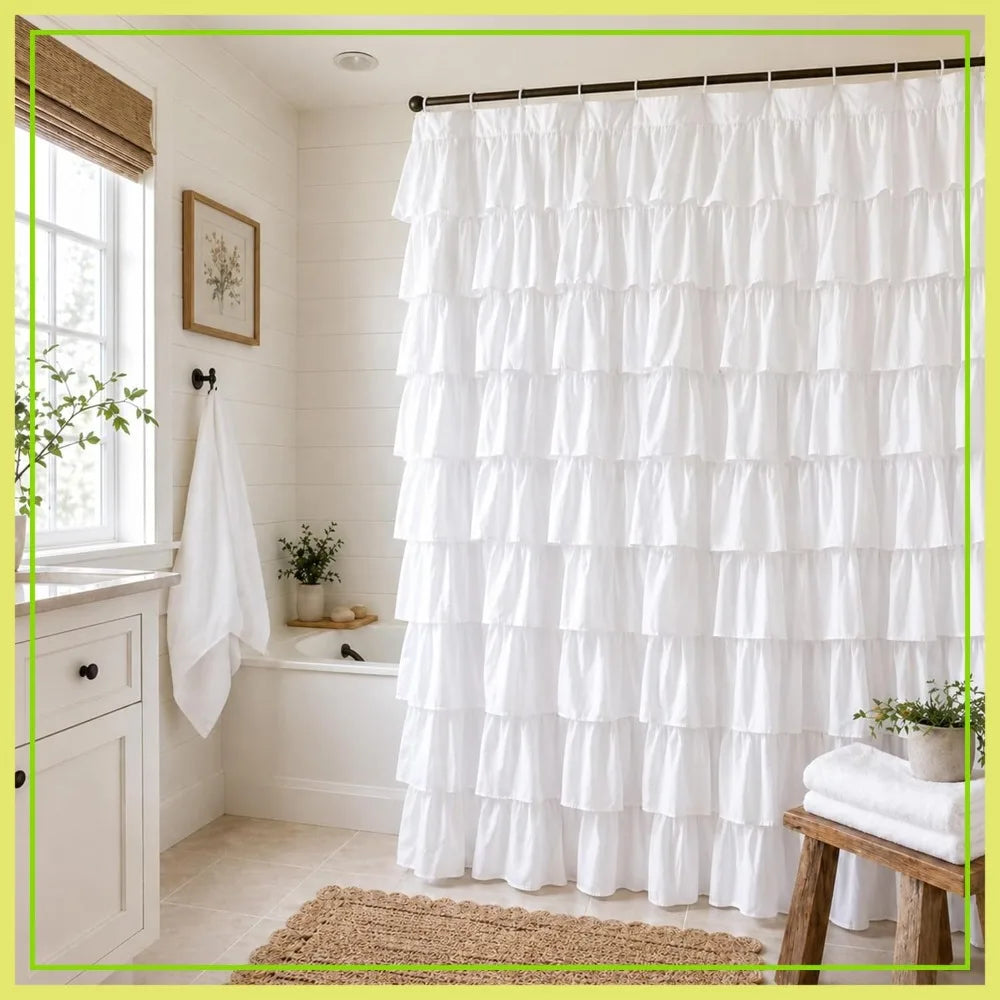Ruffle Shower Curtain Farmhouse Fabric Double Layer Soft Opaque