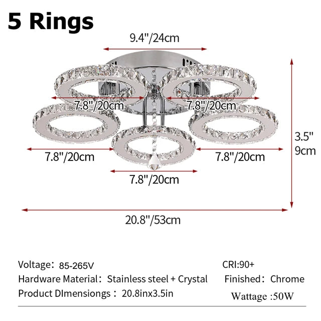 GreeLustr Modern Pendant Light Led Crystal Ring Ceiling Lamp Chandelier