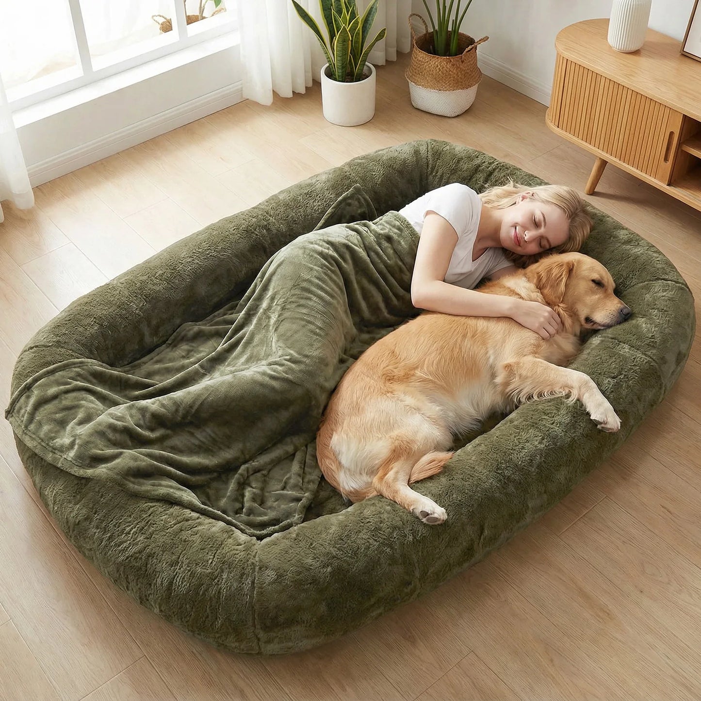 Plush Faux Fur Dog Bed With Washable Cover And Blanket
