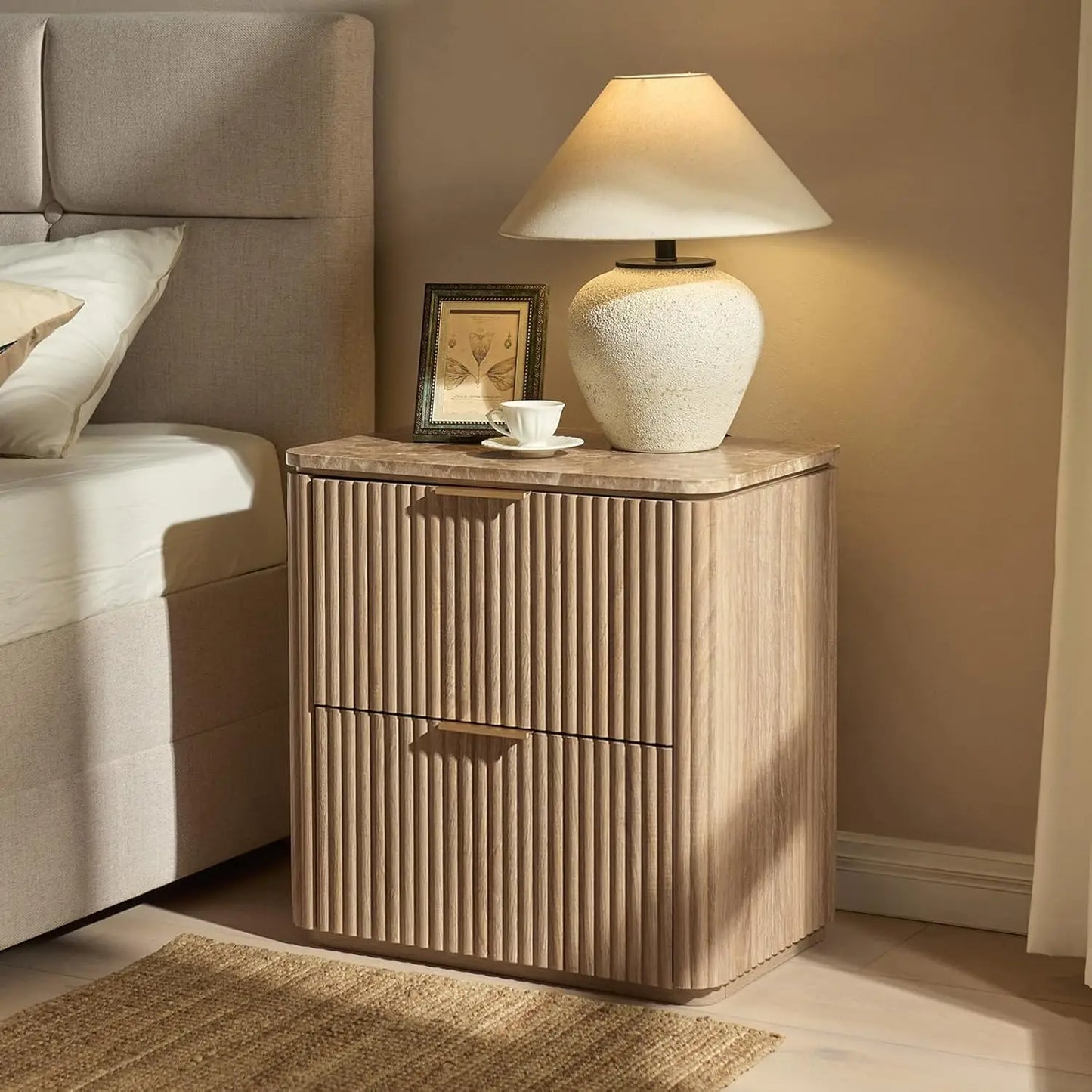 Fluted Nightstand Set Of 2 With Faux Marble Top Drawers
