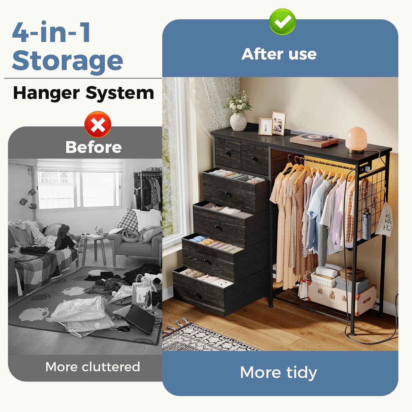 JHK 6 Drawer Dresser With Hanging Rack And LED Lights