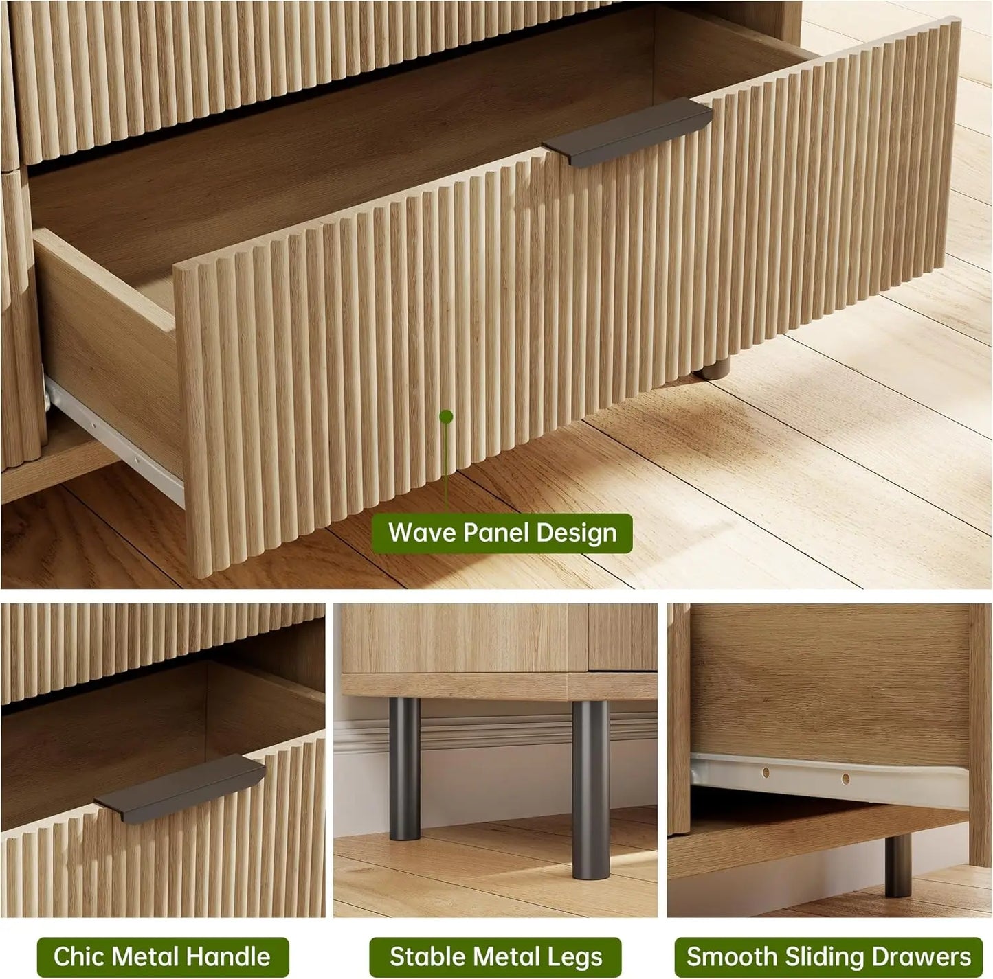HobbyLane Fluted Three-Drawer Dresser With Metal Legs