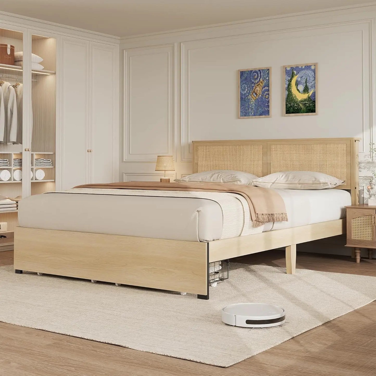 HobbyLane Rattan Bed Frame Boho Cane Headboard Drawer Storage