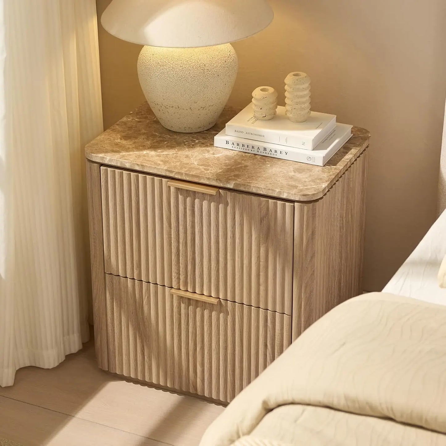 Fluted Nightstand Set Of 2 With Faux Marble Top Drawers