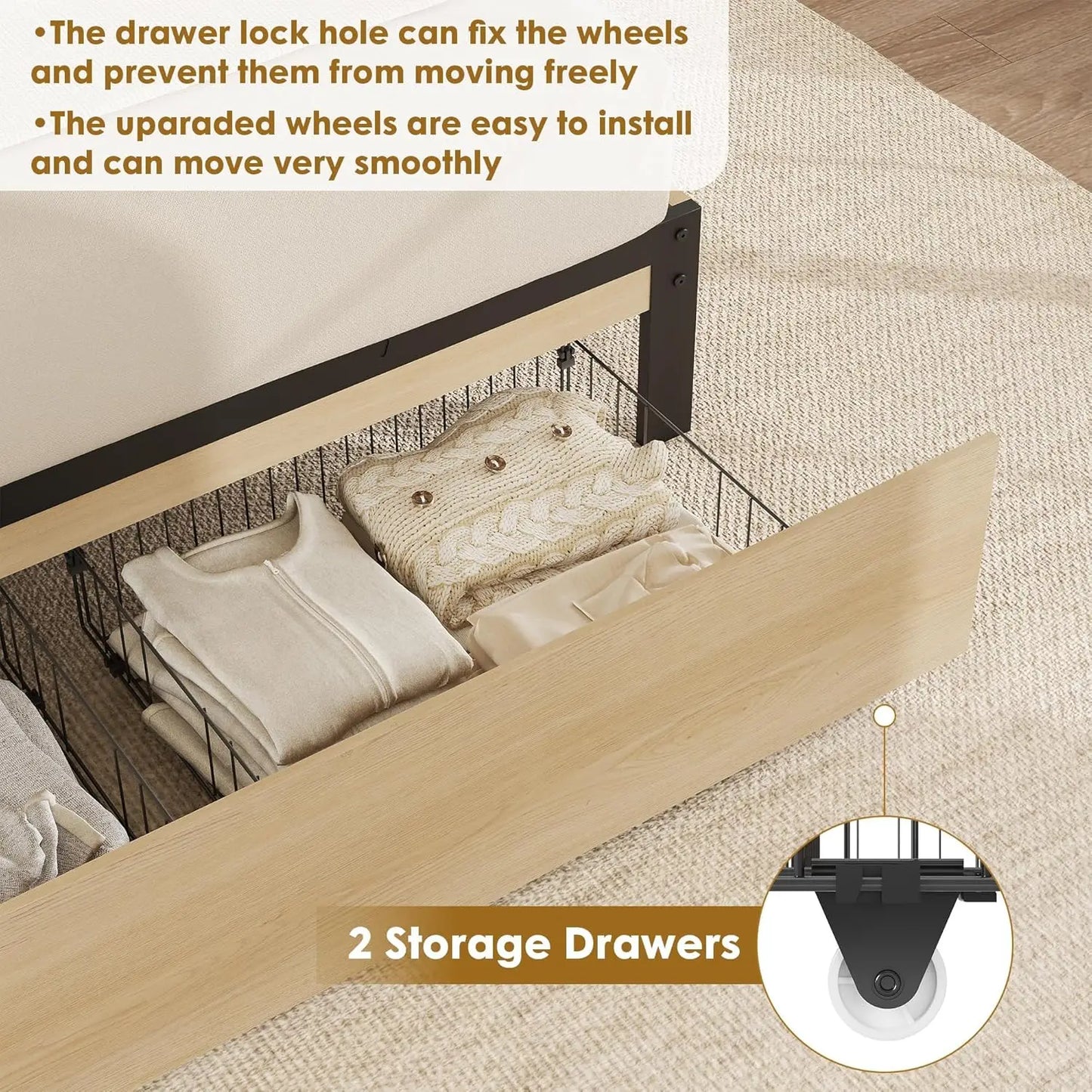 HobbyLane Rattan Bed Frame Boho Cane Headboard Drawer Storage