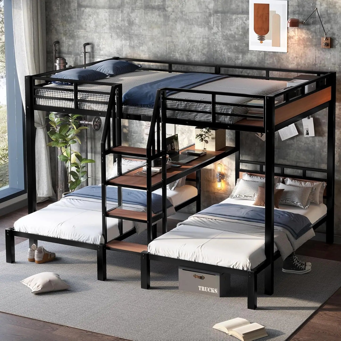 Queen Over Twin Metal Bunk Bed With Storage Stairs Shelves