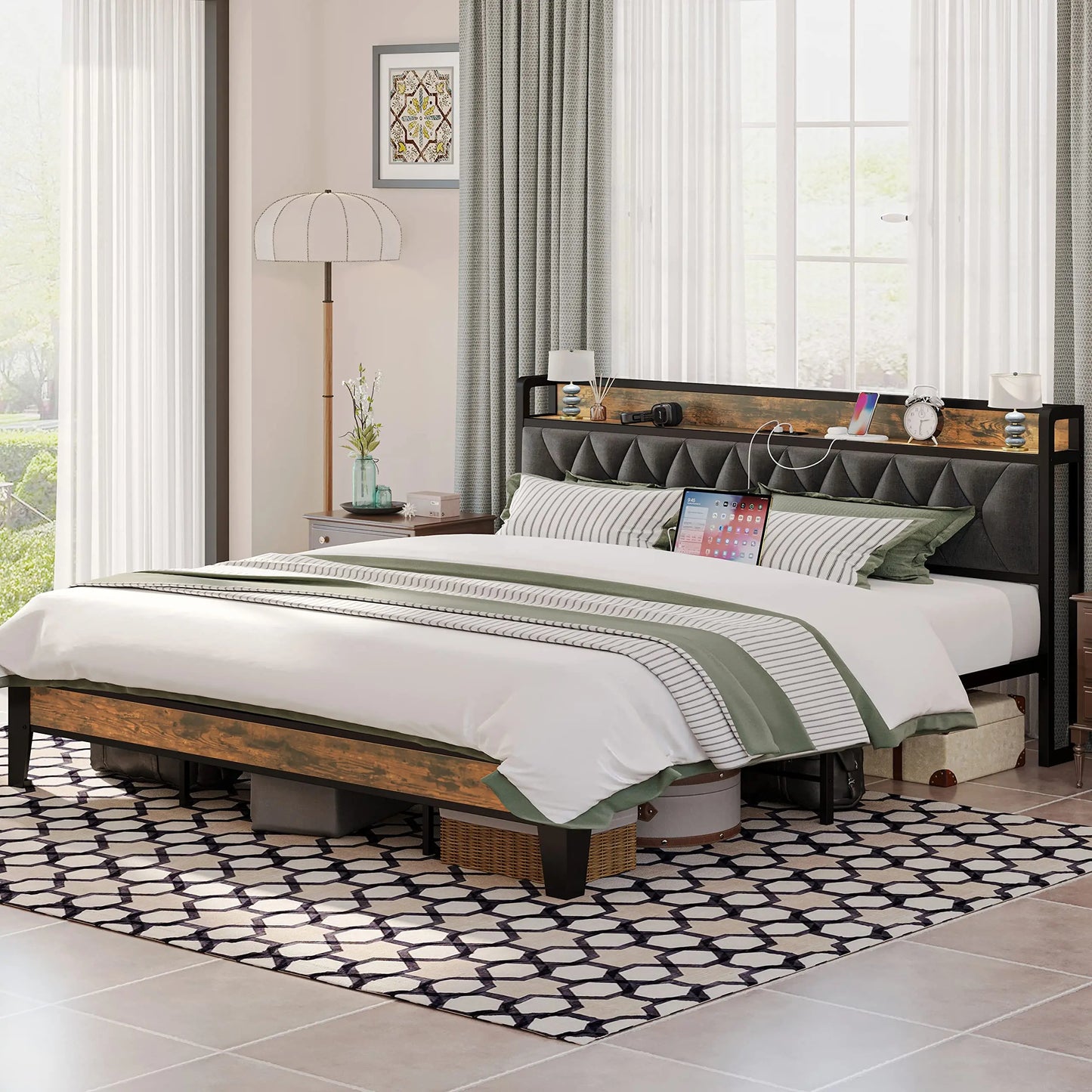 ANCTOR Storage Bed Frame With Outlets No Box Springs