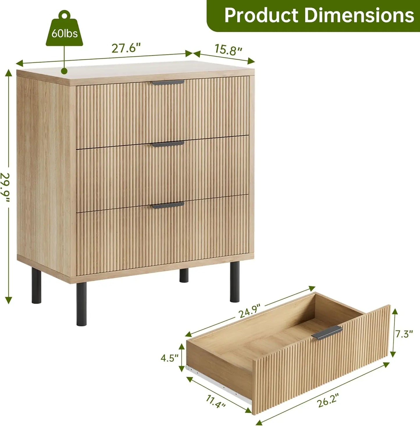 HobbyLane Fluted Three-Drawer Dresser With Metal Legs