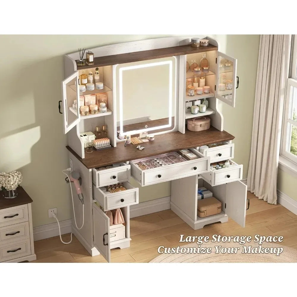 Farmhouse Vanity Desk With Led Lighted Makeup Mirror And 5 Drawers 6 Shelves
