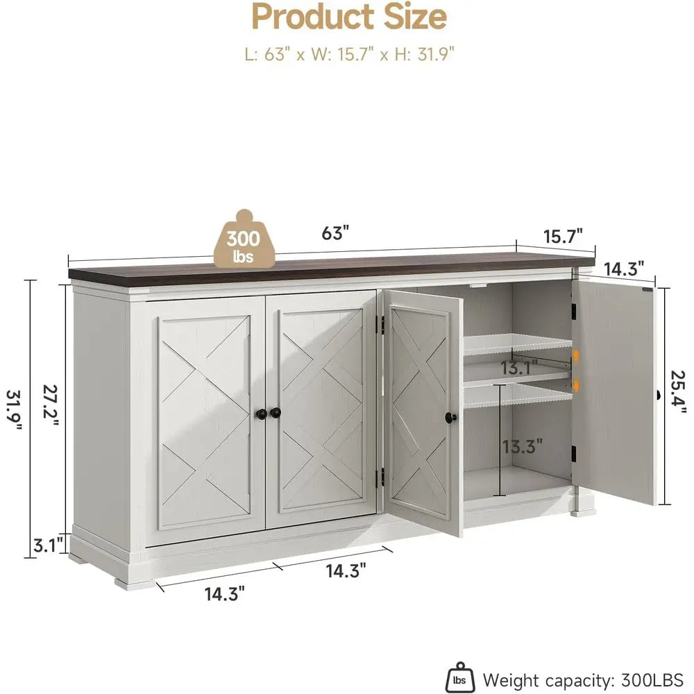Wood Sideboard Cabinet With 4 Doors And Adjustable Shelves For Home Bar