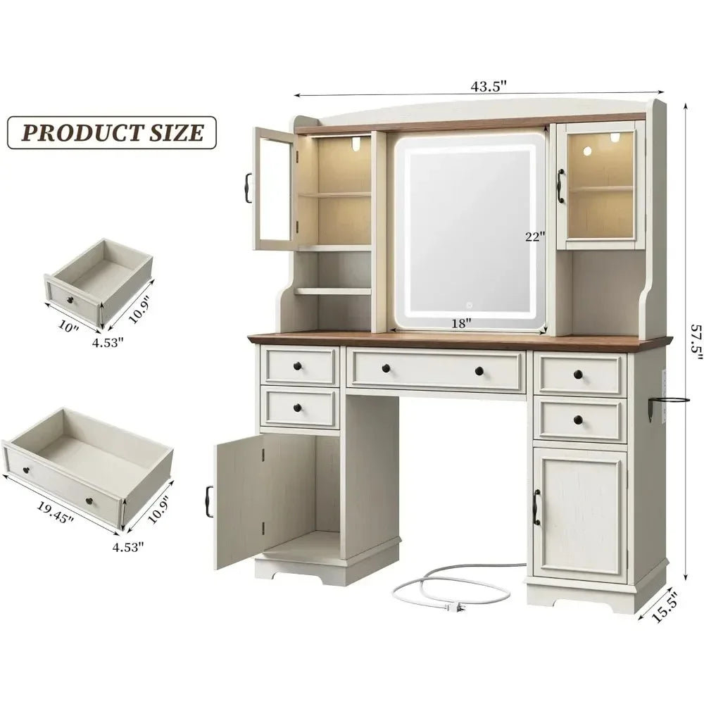 Farmhouse Vanity Desk With Led Lighted Makeup Mirror And 5 Drawers 6 Shelves