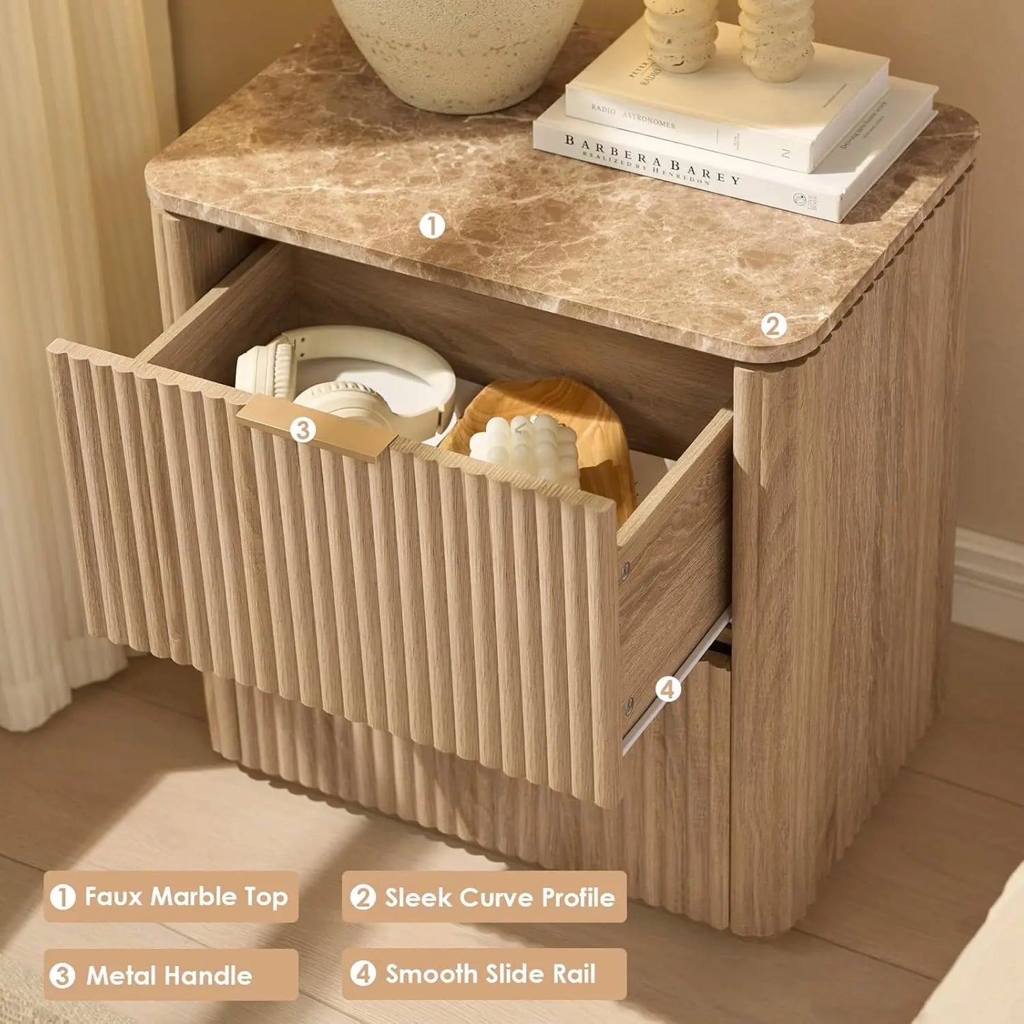 Fluted Nightstand Set Of 2 With Faux Marble Top Drawers