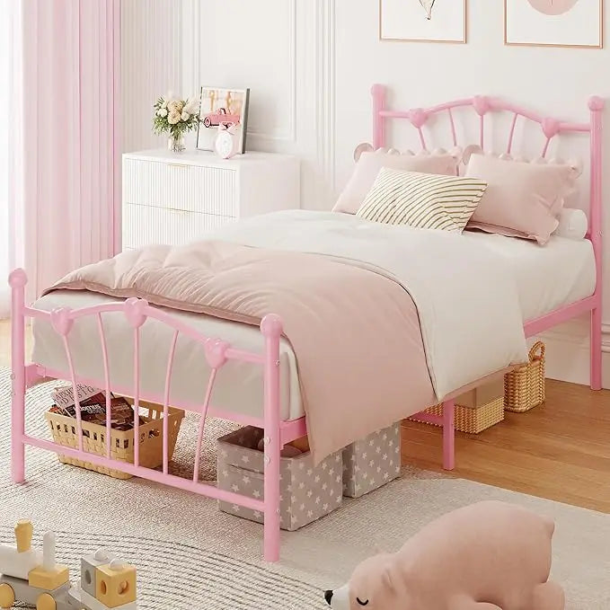 HiMISS Heart Shaped Metal Platform Bed Frame Headboard Footboard