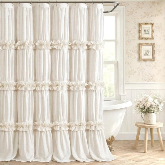 Ruffle Bow Linen Farmhouse Shower Curtain For Your Bathroom